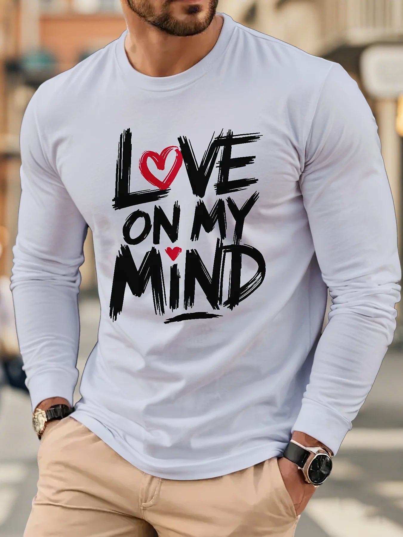 Men's Love Letter Printing Long Sleeve T-Shirt Fashion Collocation Round Neck Comfortable Breathable Top Suitable for Everyday