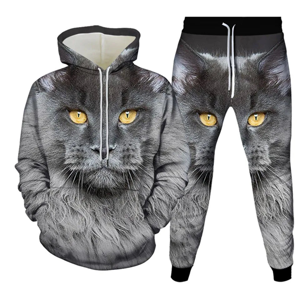 Autumn Funny Animal Cat 3D Printed Hoodie Suit Men Sweatshirts Sweatpants Fashion Casual Two Piece Tracksuit Set Man Clothing