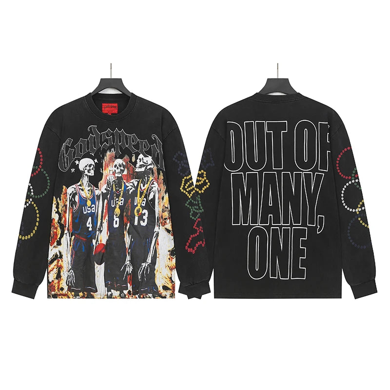 Vintage Washed Godspeed Long-sleeved T-shirts Rock Roll Tee Skull Racing Driver Print Loose Streetwear Tops Men Women