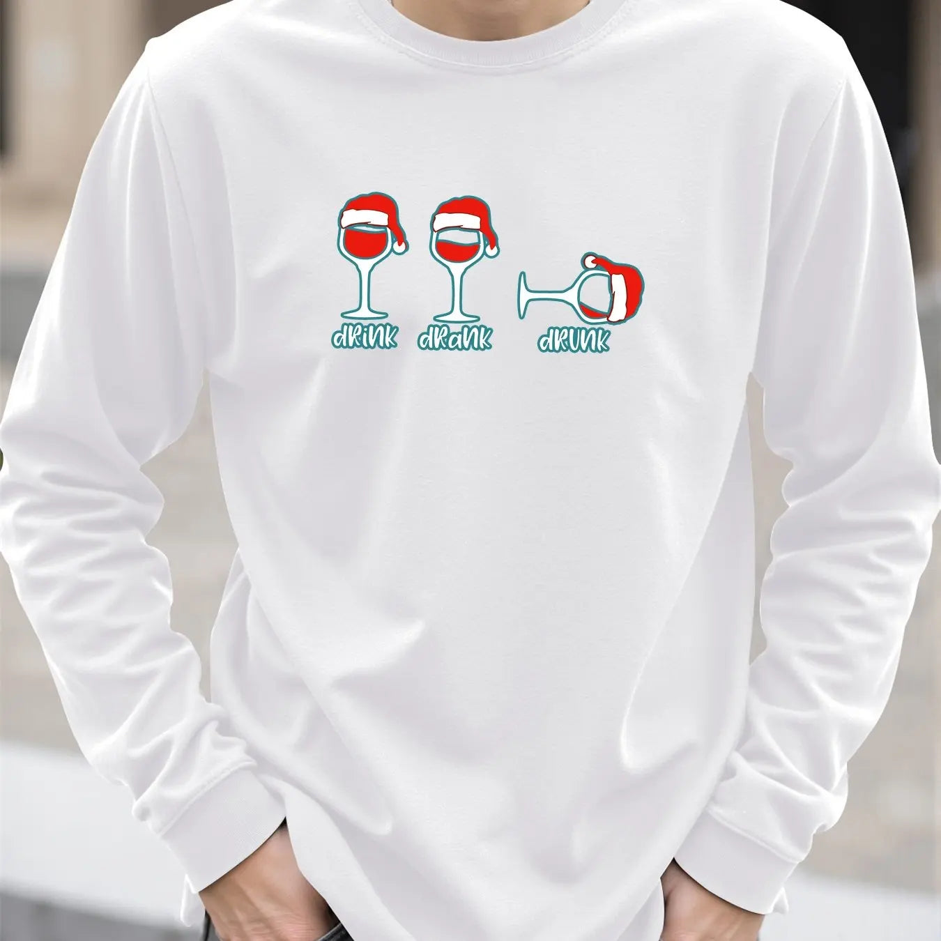 Christmas Wine Glass Print Men's T-shirt Spring Autumn Casual O-neck Loose Long Sleeve Tops Fashion New Year X'mas Clothing Tees