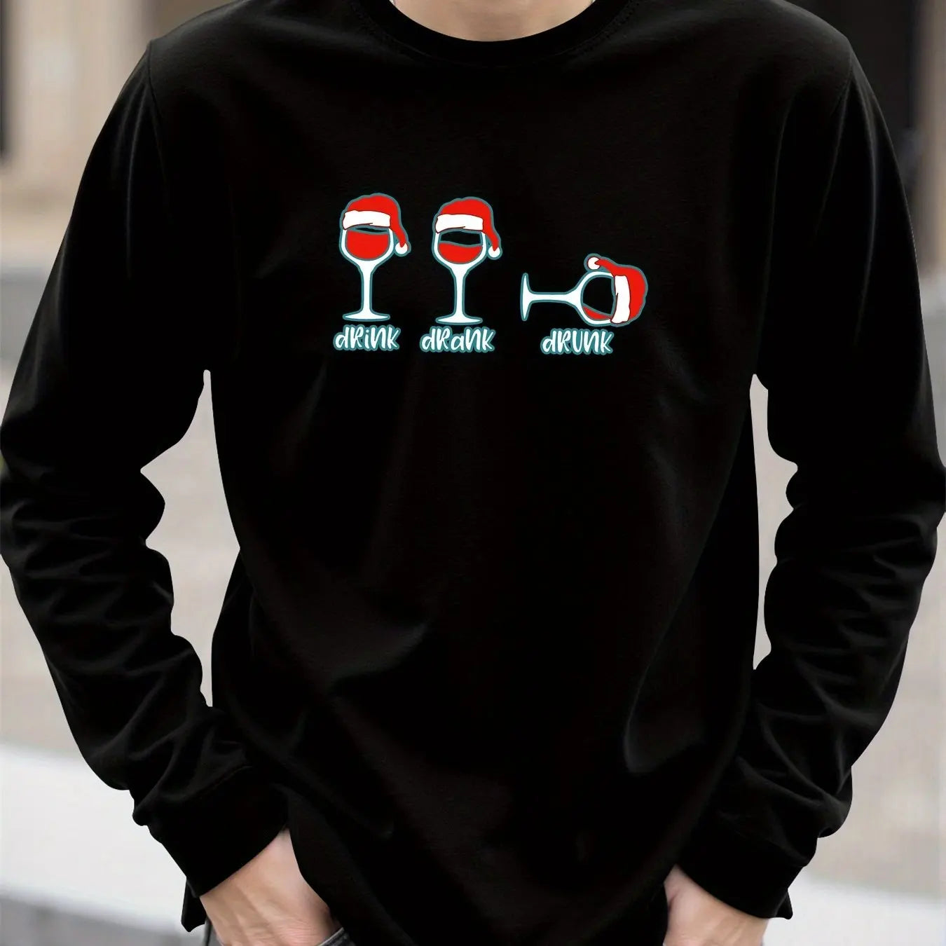 Christmas Wine Glass Print Men's T-shirt Spring Autumn Casual O-neck Loose Long Sleeve Tops Fashion New Year X'mas Clothing Tees