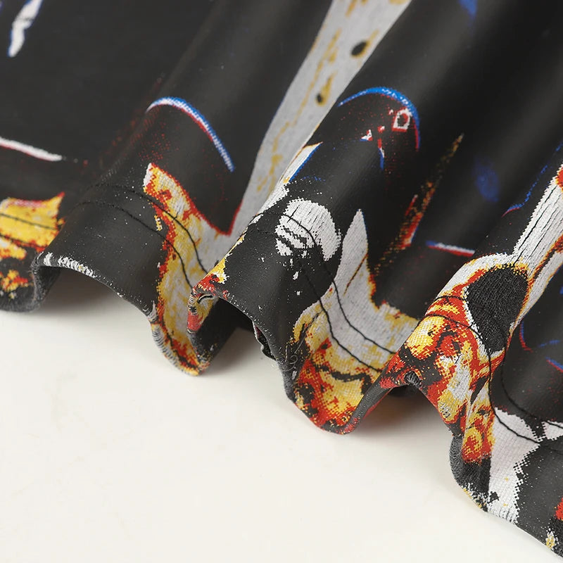 American Streetwear Godspeed Long Sleeve Graffiti Skeleton Print Casual Trend Washed 100% Cotton Round Neck T-Shirt