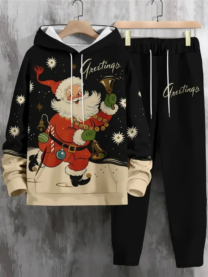 Fashion Christmas Santa Claus Men's Hoodie Set Autumn and Winter Casual Hoodie Pants 2-piece Set Outdoor Loose Sport Holiday Set