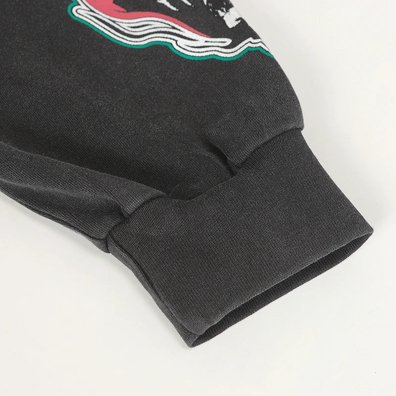 New Style Godspeed T-Shirt American Street Hip-hop Style Rock Vintage Skull Print Washed Do Old Loose Long Sleeve T-Shirt