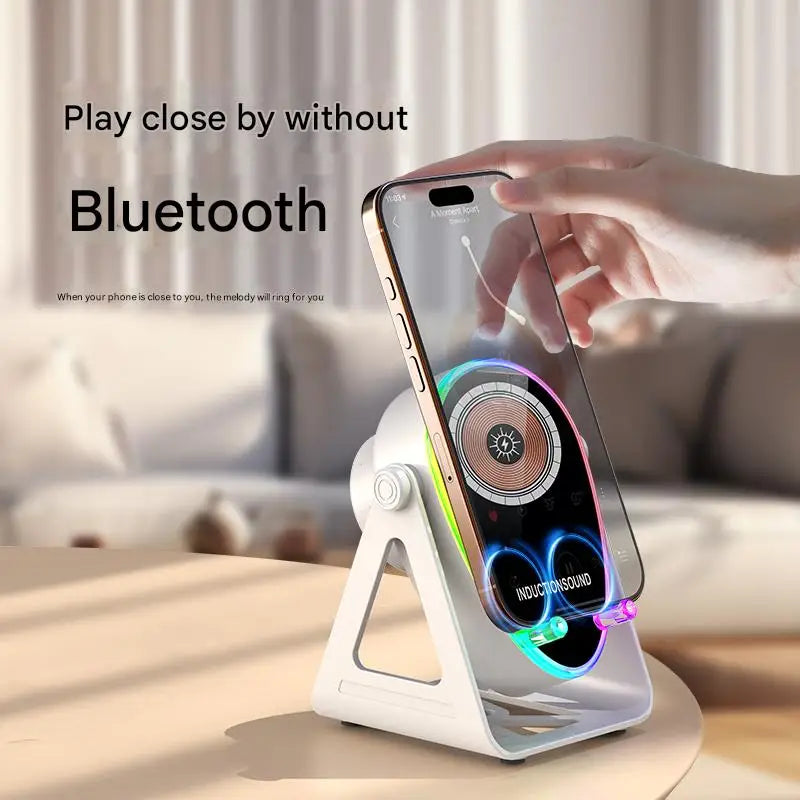 Wireless charging speaker phone holder: 15 watt fast charging, Bluetooth 5.3, ambient light suitable for all phones
