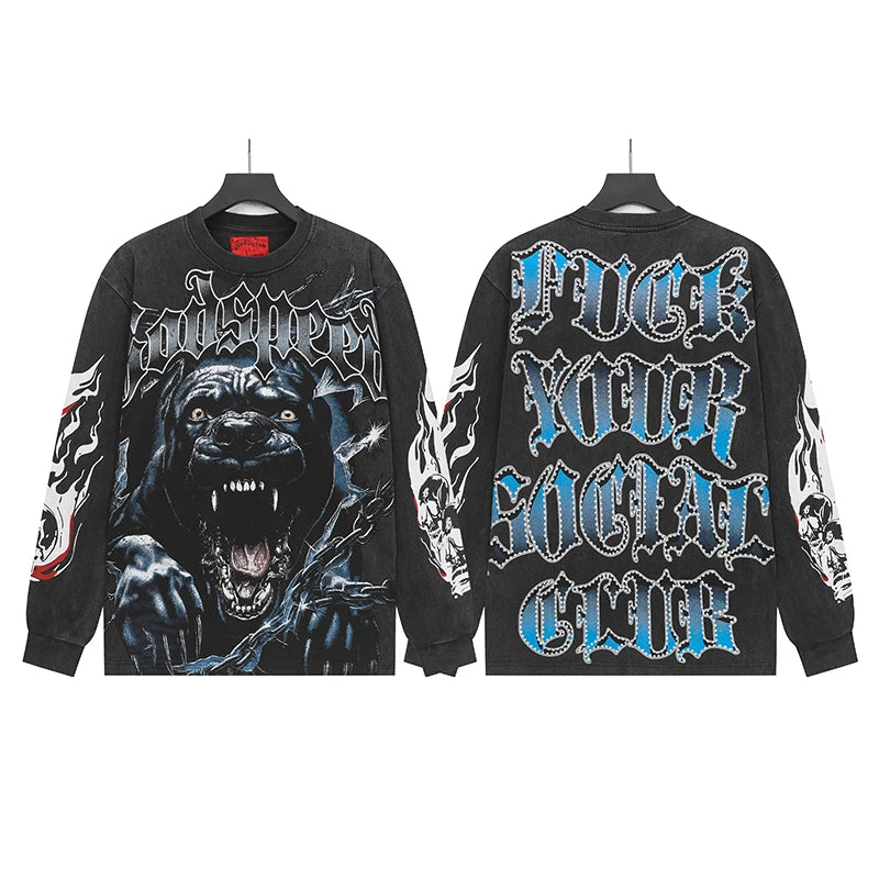 Vintage Washed Godspeed Long-sleeved T-shirts Rock Roll Tee Skull Racing Driver Print Loose Streetwear Tops Men Women