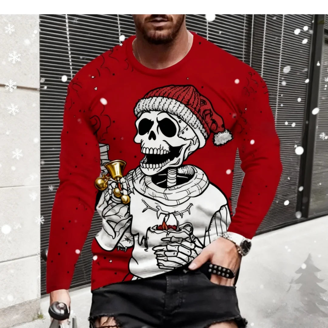 New Christmas Style Skull Graphic T Shirt For Men Funny Printed Long Sleeve Tees Trendy Men's Clothing Spring Autumn Casual Tops