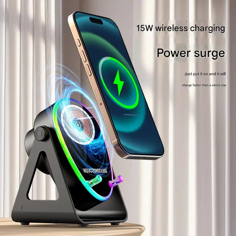 Wireless charging speaker phone holder: 15 watt fast charging, Bluetooth 5.3, ambient light suitable for all phones