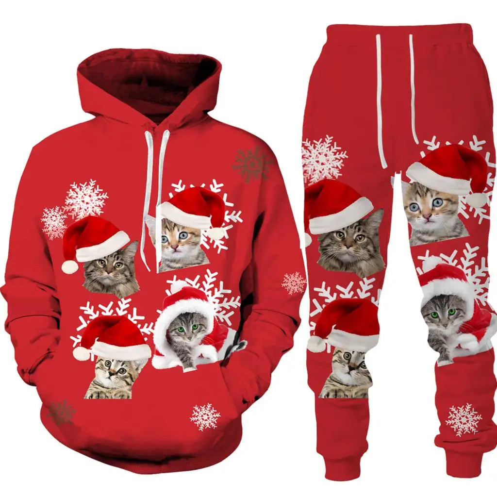 Autumn Winter Santa Clause Graphic Hoodies Sets 3D Print Funny Men's Women's 2-Piece Set Fashion Casual Unisex Christmas Clothes