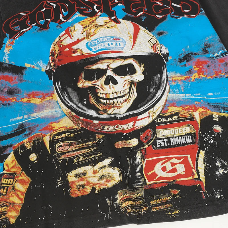 Vintage Washed Godspeed Long-sleeved T-shirts Rock Roll Tee Skull Racing Driver Print Loose Streetwear Tops Men Women